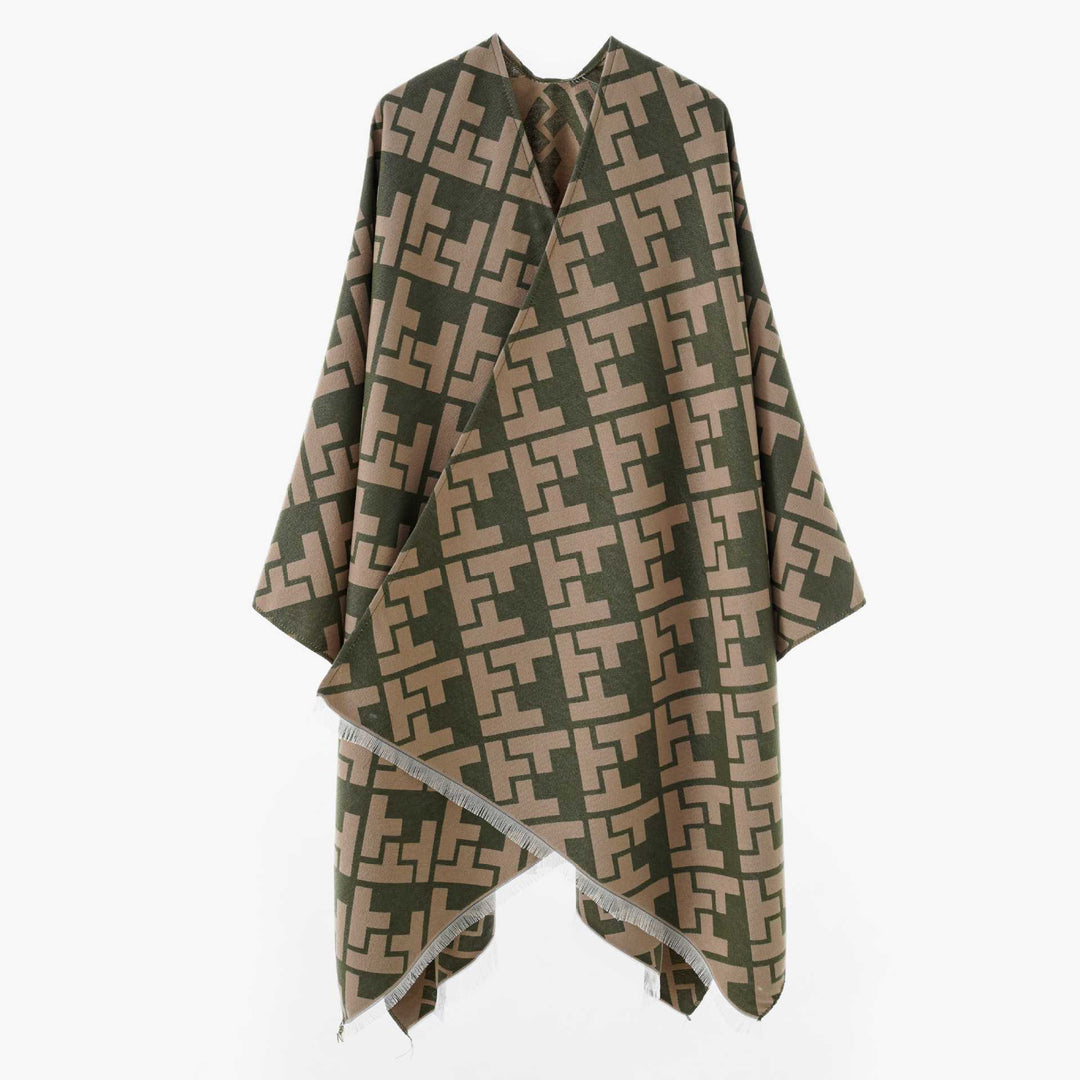 Damen Oversize-Cape mit geometrischem Jacquard und Fransensaum Shop Nory