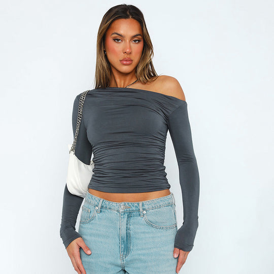 Damen schulterfreies gerafftes Cropped-Longsleeve aus Stretch-Jersey Shop Nory
