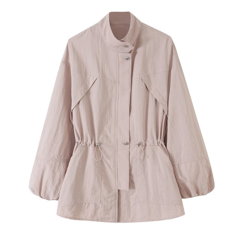 Damen Taillierte Windjacke mit Tunnelzug, Stehkragen und Ballonärmeln Shop Nory