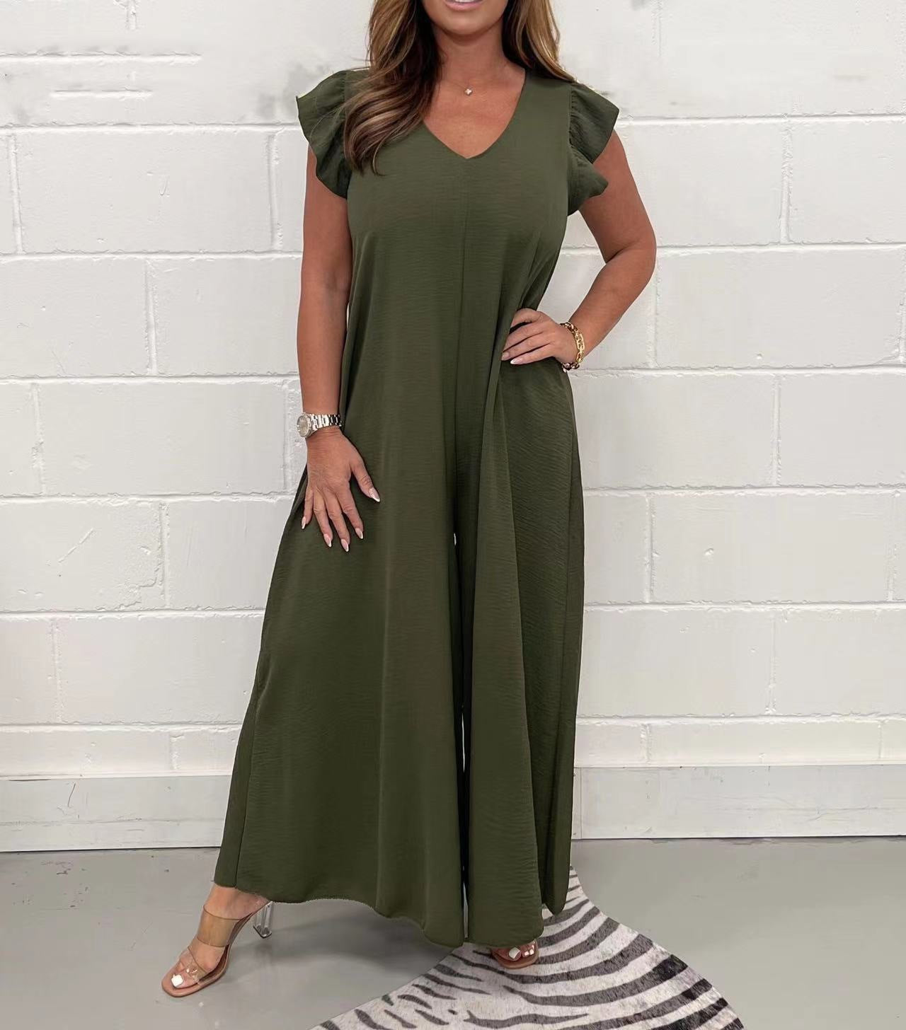 Damen luftiger Jumpsuit mit weit geschnittenem Bein und V-Ausschnitt