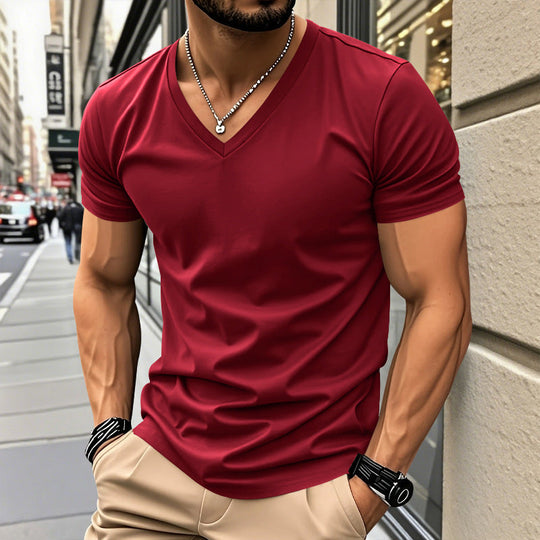 Herren nan klassisches V-Ausschnitt T-Shirt aus feinem Baumwolljersey mit verstärktem Nackenband und Doppelnaht Shopnory