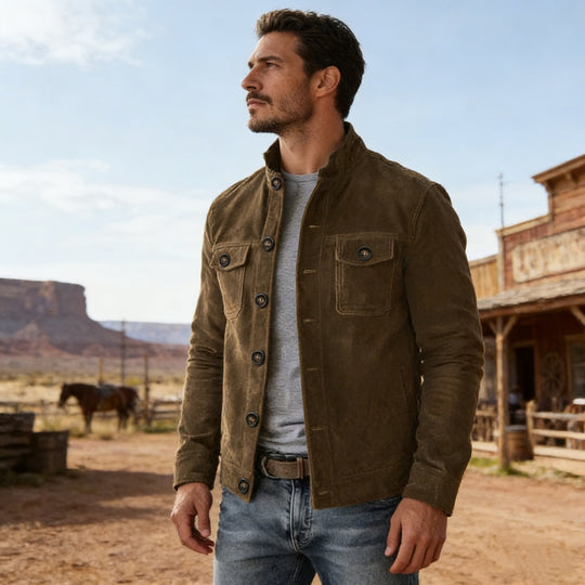Herren nan klassische Velourslederjacke mit Stehkragen, Knopfleiste und aufgesetzten Brusttaschen Shop Nory