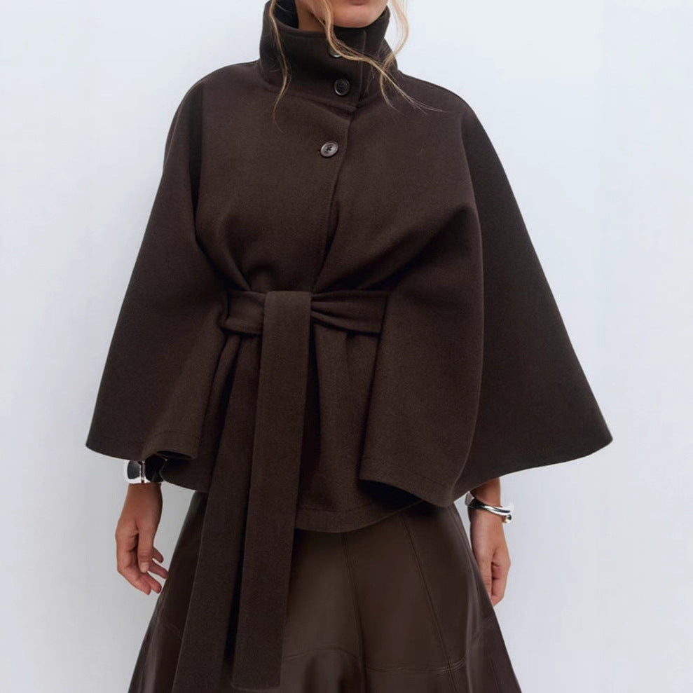 Damen nan kastiges Kurzcape Mantel mit Stehkragen und Bindegürtel Shop Nory