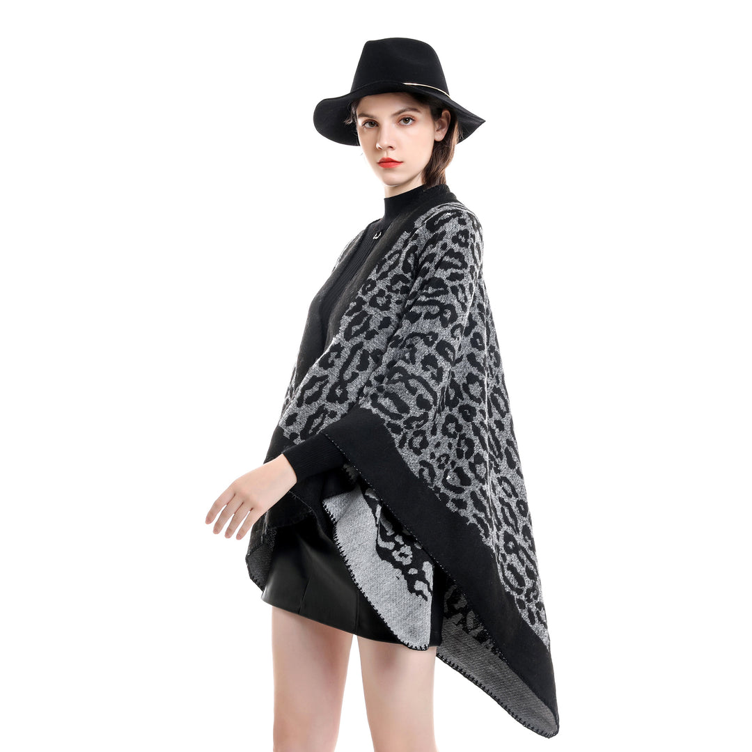 Damen Grobgewebter Jacquard‑Umhang mit Leo‑Print und offener Kimono‑Silhouette Shop Nory
