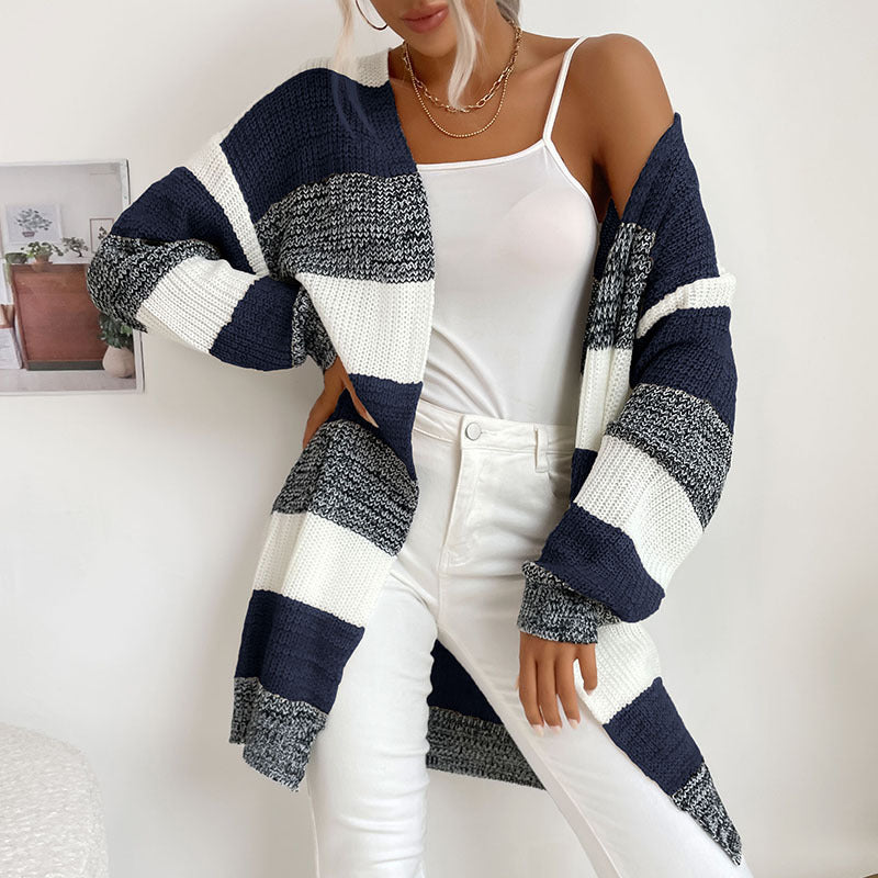 Damen Longline Strickcardigan mit breiten Blockstreifen, offener Front und überschnittener Schulter Shop Nory