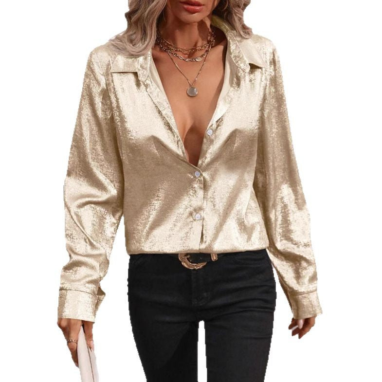 Damen Satinoptik-Hemdbluse mit Metallic-Glanz, legerer Passform und Manschetten Shop Nory