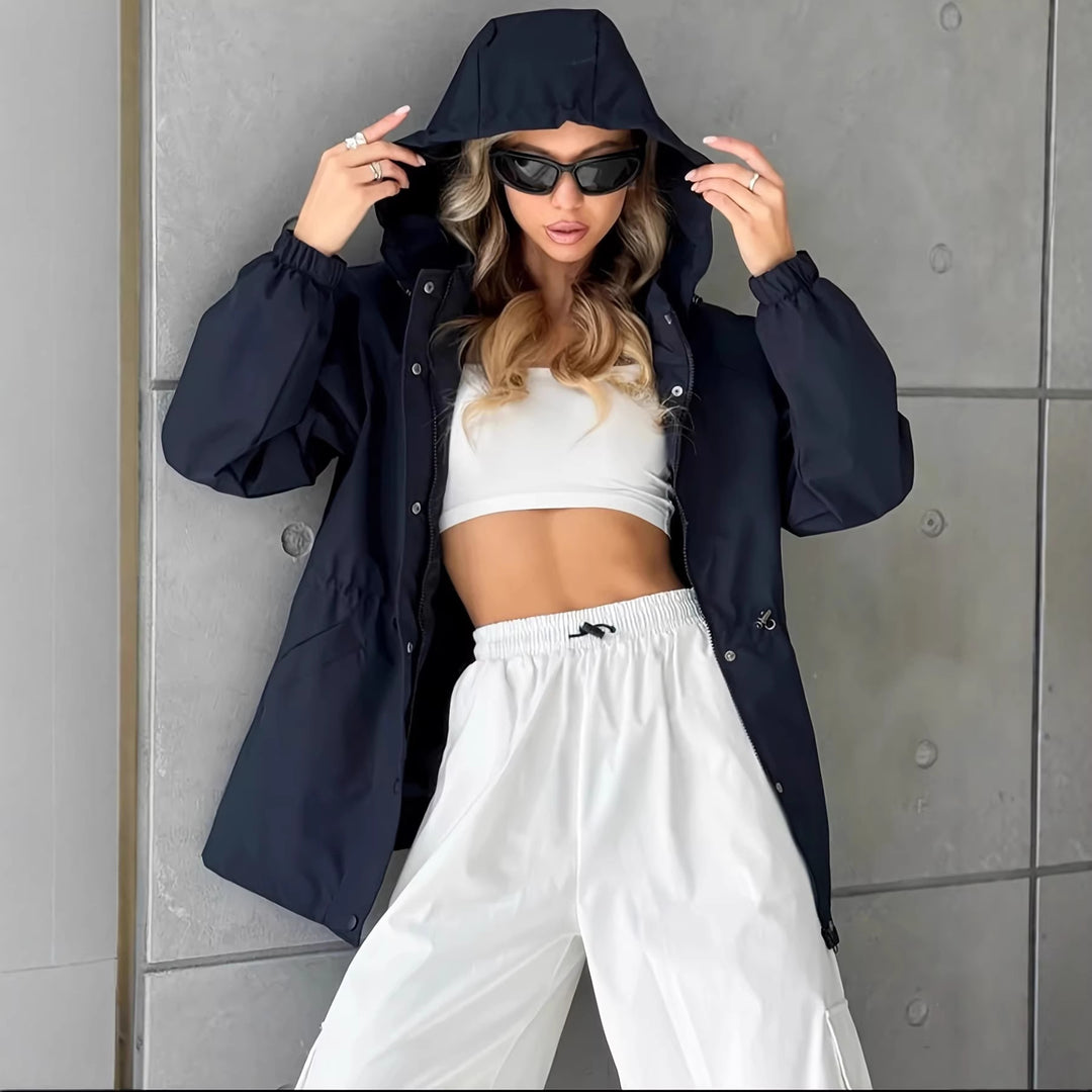 Damen Wasserabweisender Kurzparka mit Kapuze, Tunnelzug und Druckknopf-Leiste Shop Nory