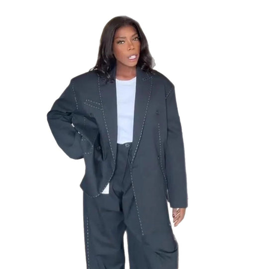 Damen Oversized Zweiteiler Boxy-Sakko und weite Bundfaltenhose mit Ziersteppnähten Shop Nory