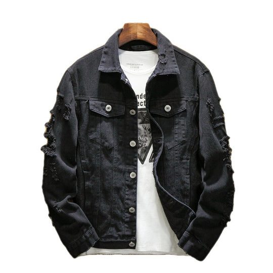 Unisex zerrissene Jeansjacke mit weitem Schnitt und aufgesetzten Brusttaschen Shop Nory