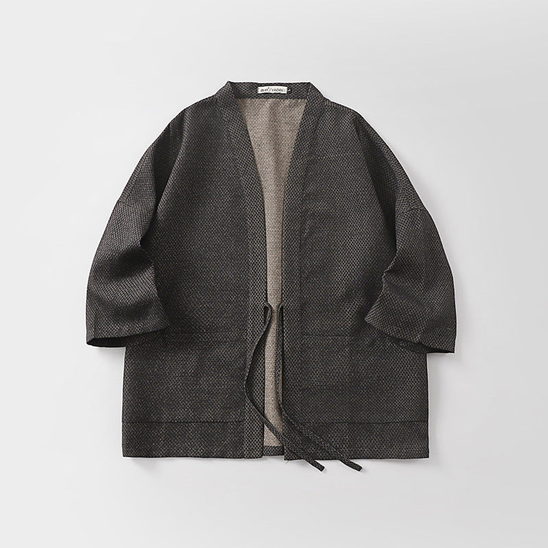 Herren Lockerer Kimono-Cardigan aus strukturierter Baumwollmischung mit kurzem Ärmel und Bindeband Shop Nory
