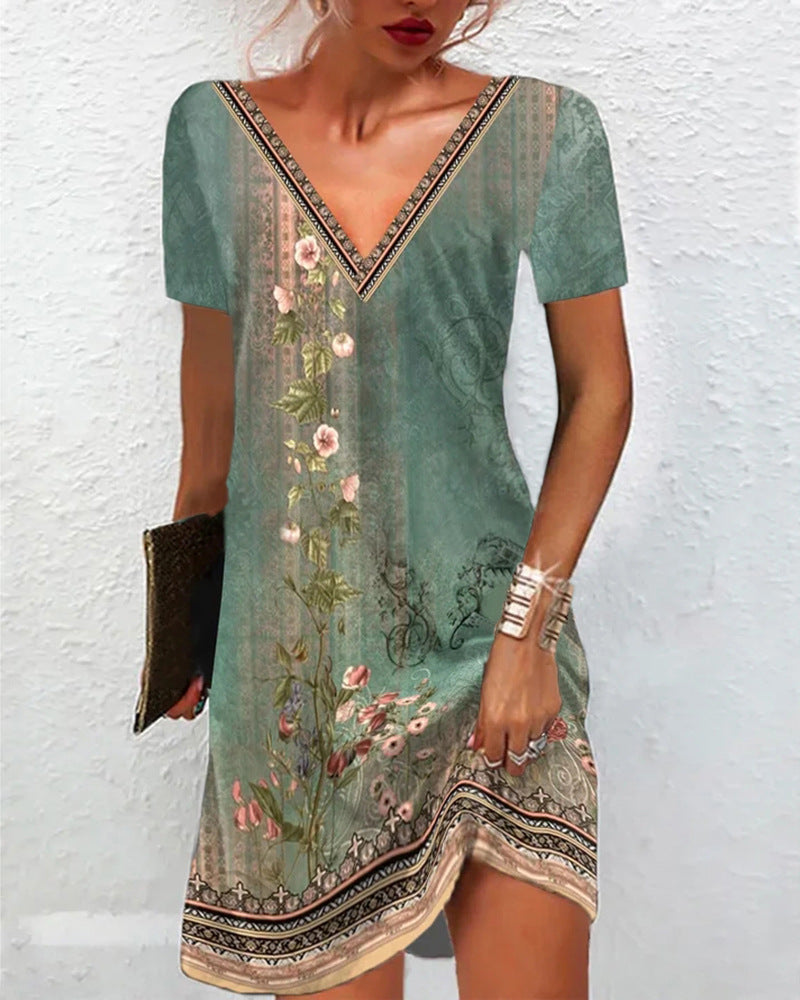 Frauen Floral V-Ausschnitt Tunika Kleid mit Border Print und langen Ärmeln Shop Nory