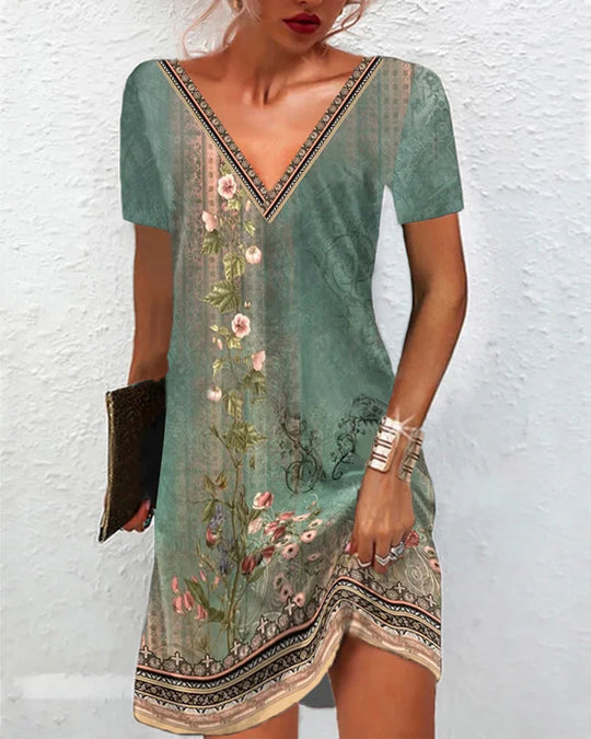 Frauen Floral V-Ausschnitt Tunika Kleid mit Border Print und langen Ärmeln Shop Nory