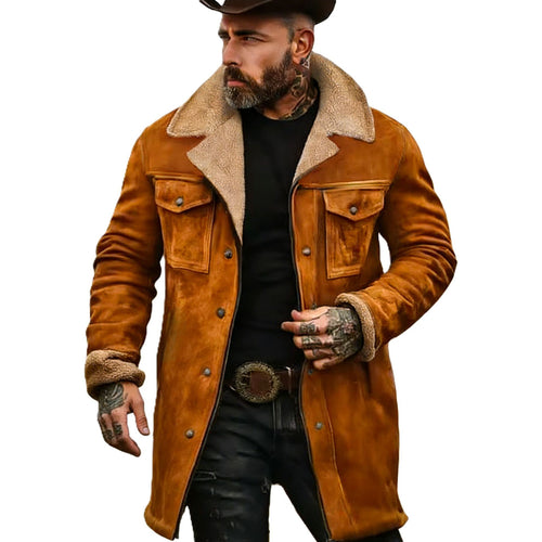 Herren Langer Veloursledermantel mit Teddyfutter und Pattentaschen Shop Nory