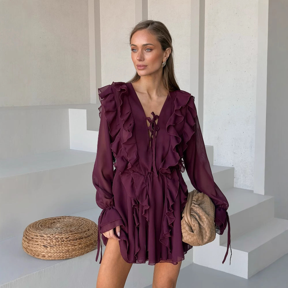 Damen Romantisches Chiffon-Minikleid mit Volants und Schnürdetail Shop Nory