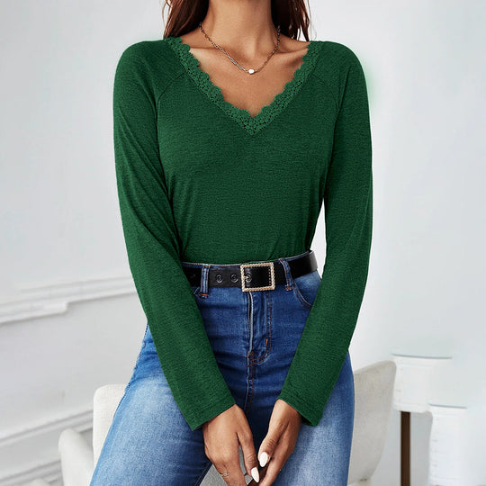 Damen feines V‑Neck Langarmshirt mit Spitzenbesatz, leichtem Feinstrick und lässiger Silhouette Shop Nory