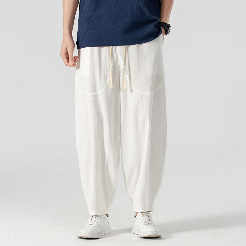 Herren Lässige Leinen-Baumwoll-Hose mit weitem Bein, Kordelzug und aufgesetzten Taschen Shop Nory