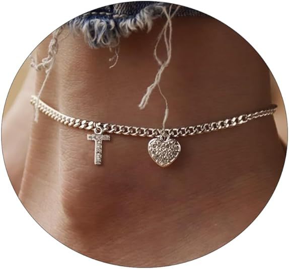 Damen Fußkettchen mit personalisiertem Buchstaben und funkelndem Herzanhänger Shop Nory