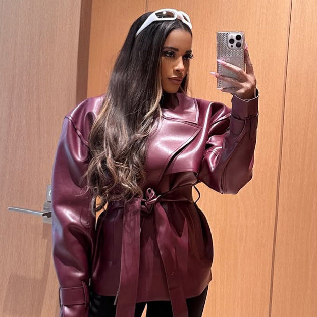 Damen Taillierter Lederimitat-Blouson mit Bindegürtel und voluminöser Schulterpartie Shop Nory