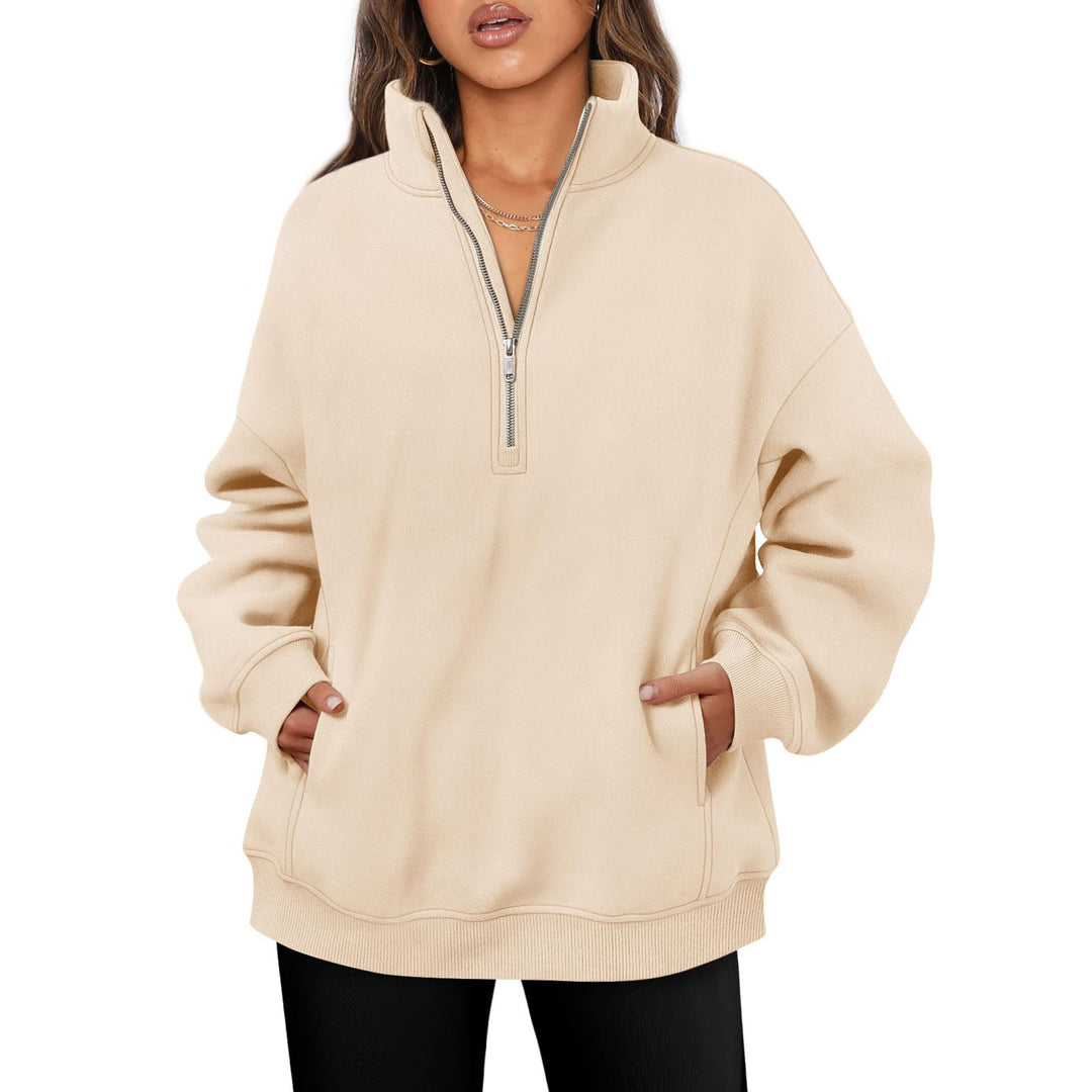 Damen nan oversized Halbzip-Pullover mit Stehkragen, Kängurutasche und Rippbündchen Shop Nory