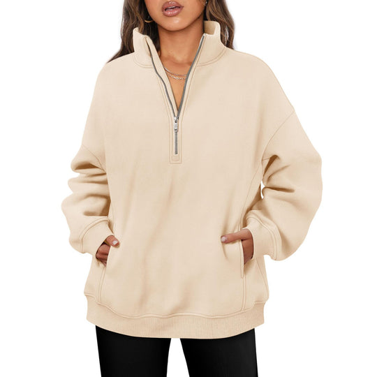 Damen nan oversized Halbzip-Pullover mit Stehkragen, Kängurutasche und Rippbündchen Shop Nory