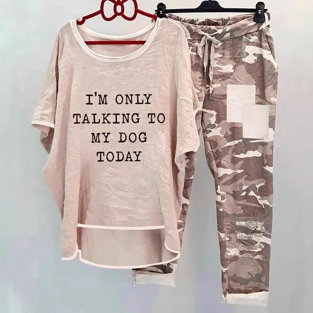 Damen nan weites Freizeit-Set mit Spruchaufdruck, weit geschnittenem Langshirt und Camouflage-Jogginghose