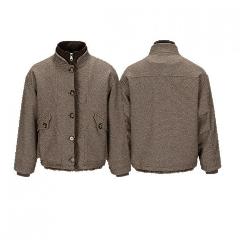 Damen Kurze Boxy-Jacke mit Teddyfutter, Stehkragen und Pattentaschen Shop Nory