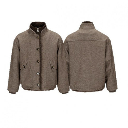 Damen Kurze Boxy-Jacke mit Teddyfutter, Stehkragen und Pattentaschen Shop Nory