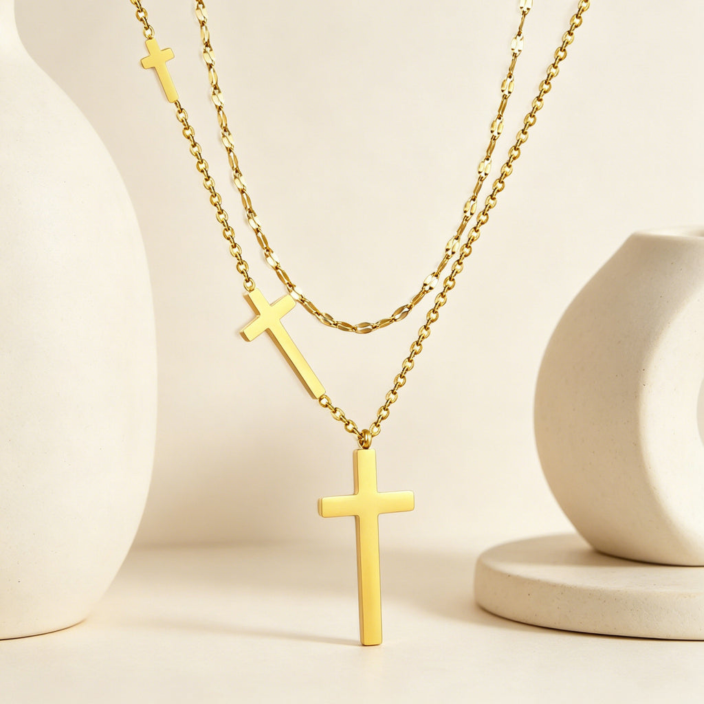 Damen mehrlagige Kreuz-Halskette mit goldplattierten Anhängern Shop Nory