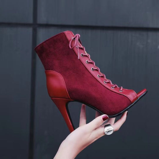 Damen Offene-Zehen Schnürstiefelette mit Wildleder-Optik und Stiletto-Absatz Shop Nory