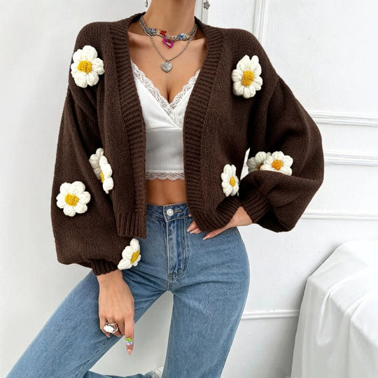 Damen Kurzgeschnittener Grobstrick-Cardigan mit 3D-Blütenapplikationen Shop Nory