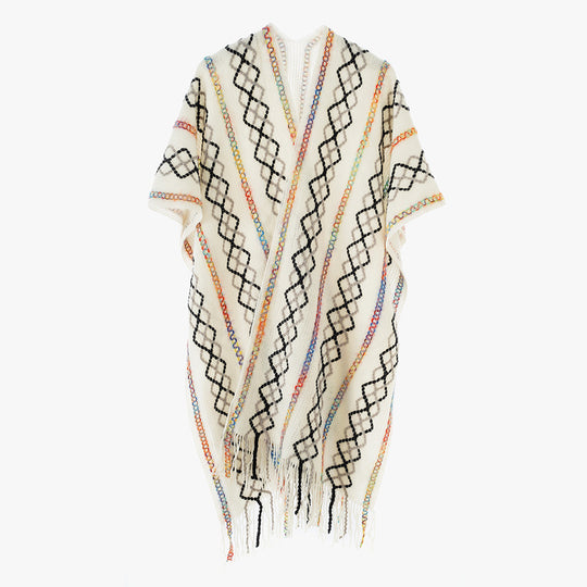 Damen Gewebter Fransenponcho mit V‑Ausschnitt und buntem Reliefjacquard Shop Nory