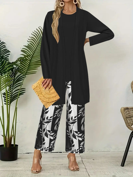 Damen Zweiteiler Offener Longcardigan mit Langarm und Palazzo‑Hose mit Blattprint Shop Nory
