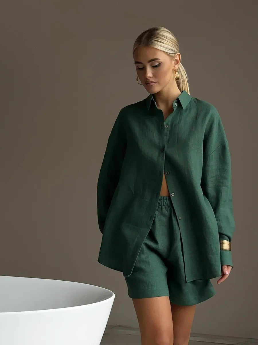 Damen lässige Leinenbluse und Shorts Set