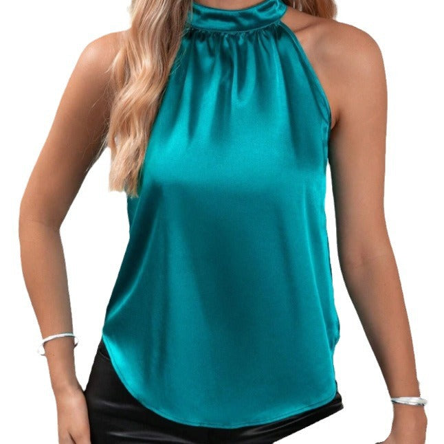 Damen modisches Top mit hohem Kragen und schimmerndem Satin-Finish