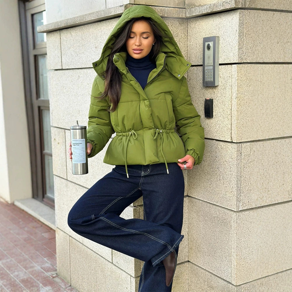 Damen Kurz geschnittene wattierte Kapuzenjacke mit Taillenzug und hohem Stehkragen Shop Nory