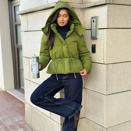 Damen Kurz geschnittene wattierte Kapuzenjacke mit Taillenzug und hohem Stehkragen Shop Nory