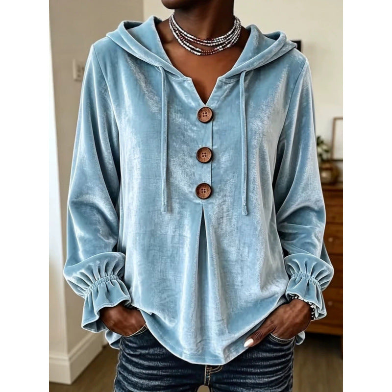 Damen Samt-Hoodie mit Holzknopfblende, Tunnelzug und gerafften Ärmeln Shop Nory
