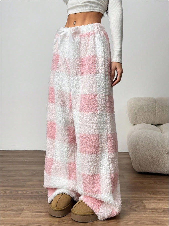 Damen nan kuschelige karierte Fleece-Hose mit Tunnelzugbund und weitem Bein Shop Nory