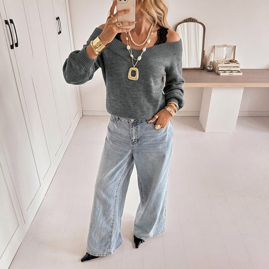 Damen Off-Shoulder Feinstrickpullover mit V-Rippkragen und Ballonärmeln Shop Nory