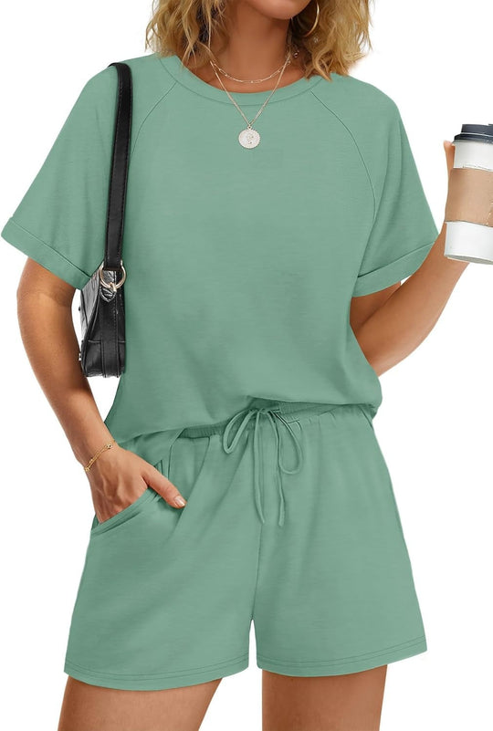 Damen lässiger Kombi aus T-Shirt und Shorts mit elastischem Bund