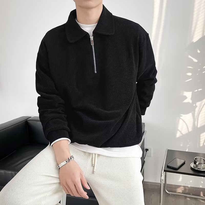 Herren Gerippter Pullover mit Halbreißverschluss und Polokragen Shop Nory