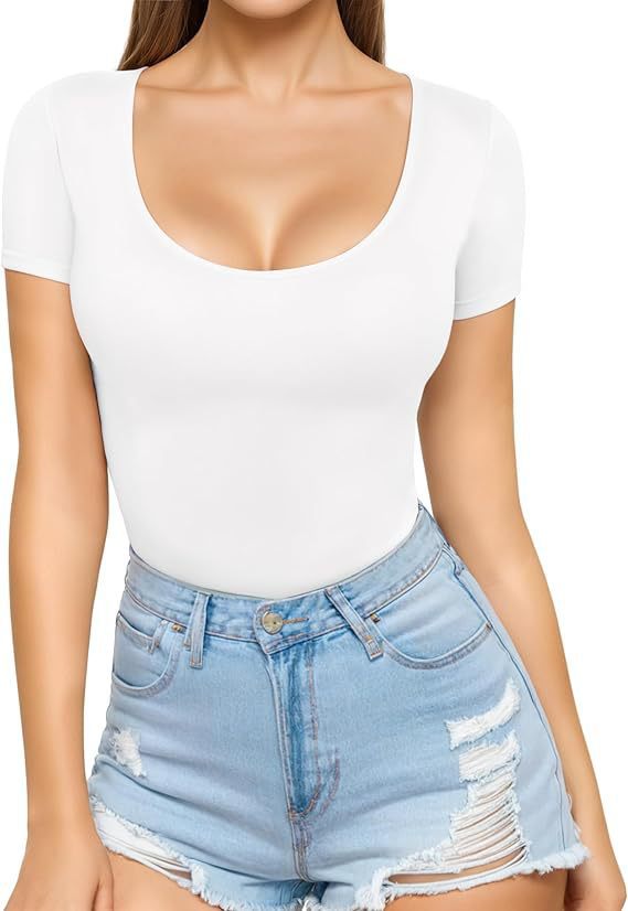Damen figurbetontes Kurzarm-Body mit rundem Ausschnitt und nahtlosem Design