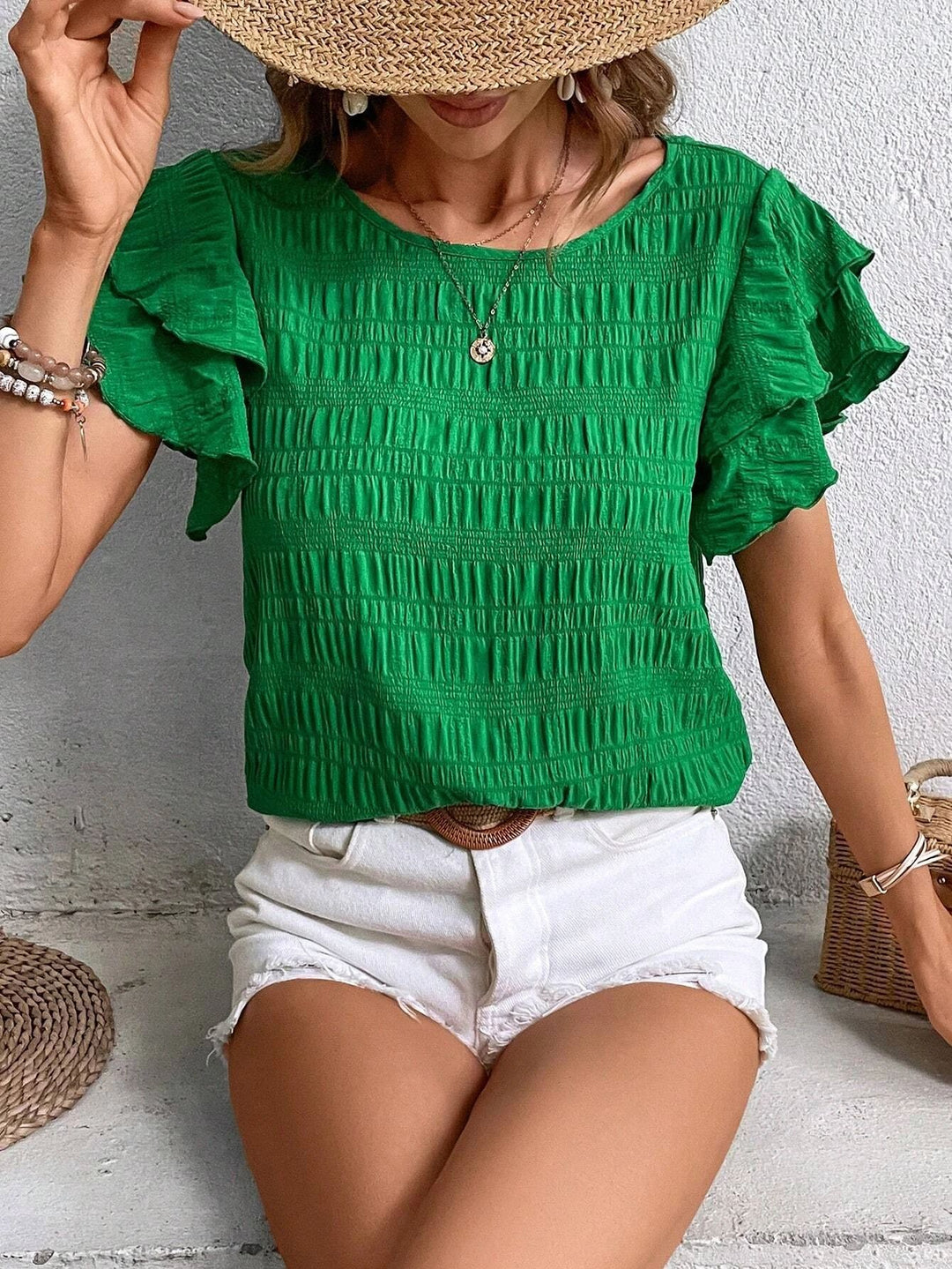 Damen Kurzarm-Bluse mit Smok-Effekt und Volantärmeln Shop Nory