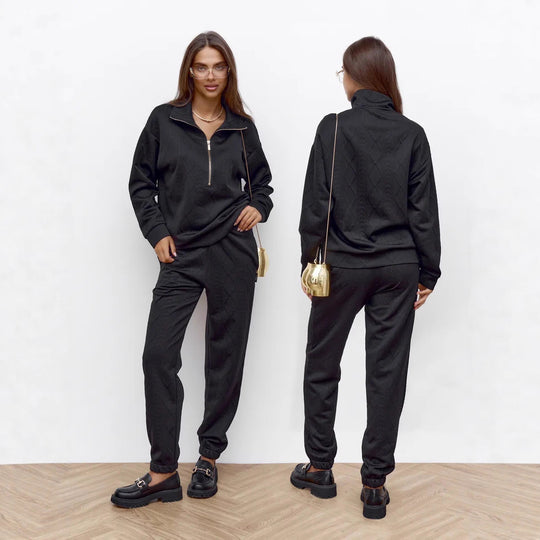 Damen Zopfstrick-Lounge-Set mit halbem Reißverschluss und hochtaillierter Jogginghose Shop Nory