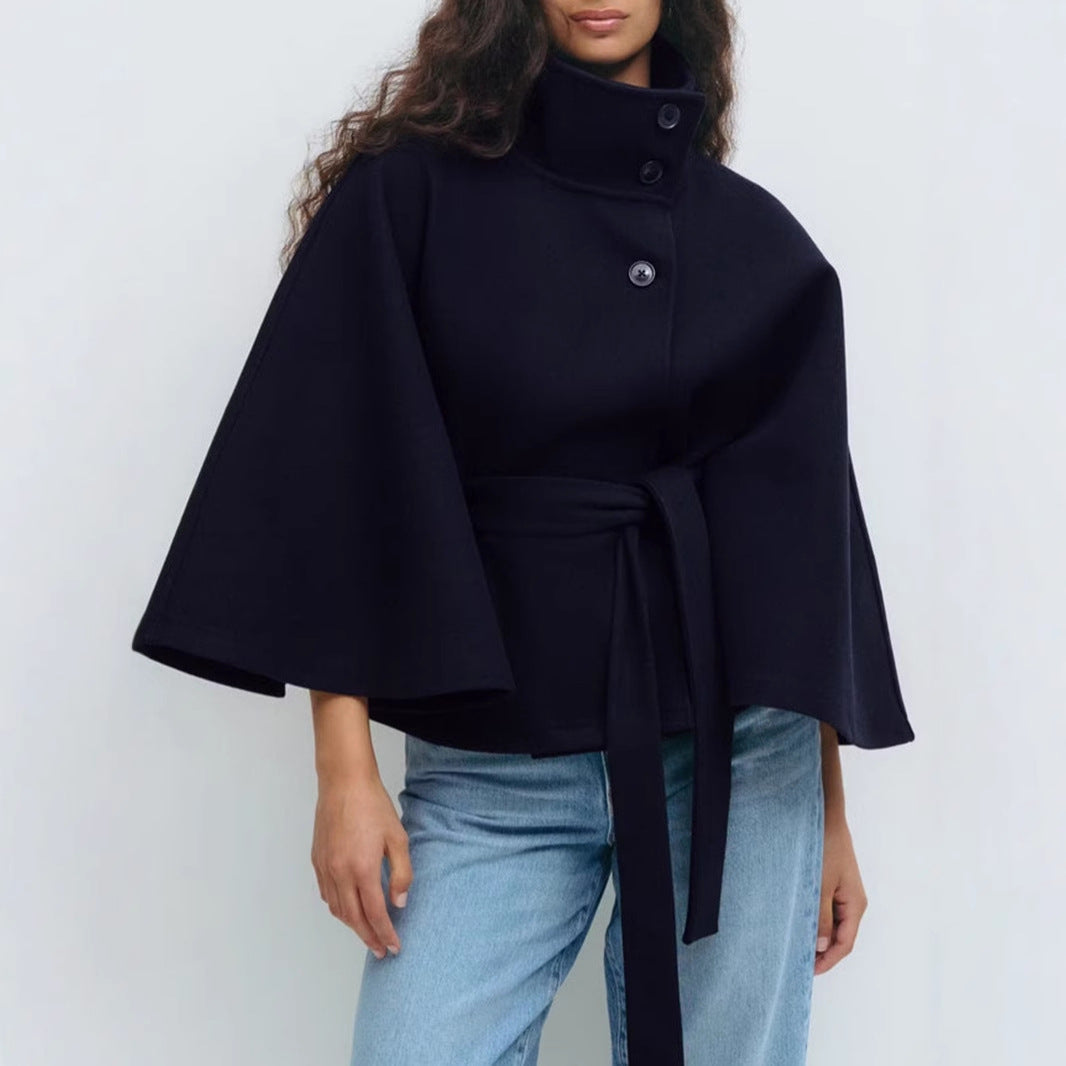 Damen Kurzmantel mit Stehkragen, tailliertem Gürtel und Kimonoärmeln Shop Nory