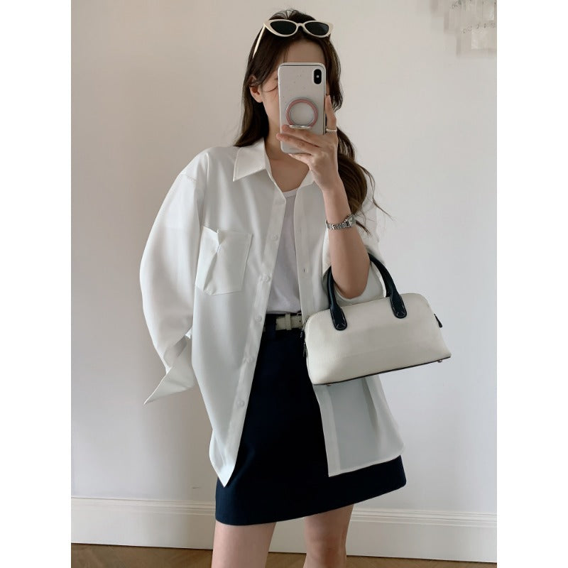 Damen Oversized Hemdbluse aus fließendem Material mit Brusttasche Shop Nory