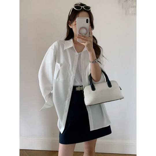 Damen Oversized Hemdbluse aus fließendem Material mit Brusttasche Shop Nory