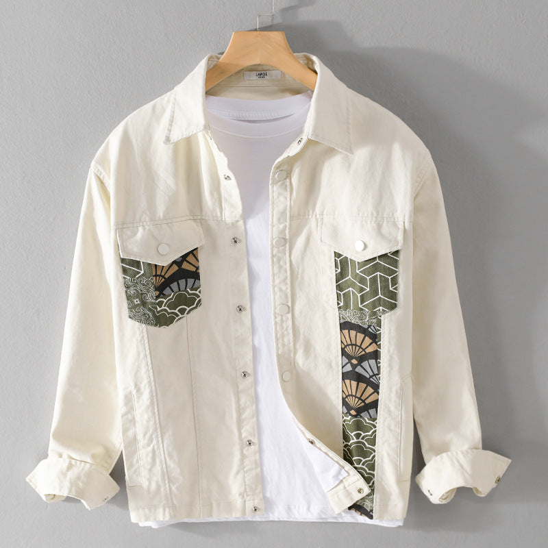Herren Leichtes Canvas-Overshirt im Worker‑Stil mit japanischem Musterpatch und Druckknopfleiste Shop Nory