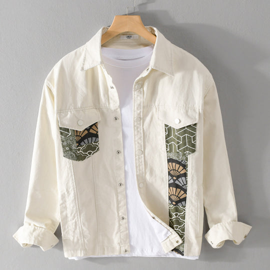 Herren Leichtes Canvas-Overshirt im Worker‑Stil mit japanischem Musterpatch und Druckknopfleiste Shop Nory