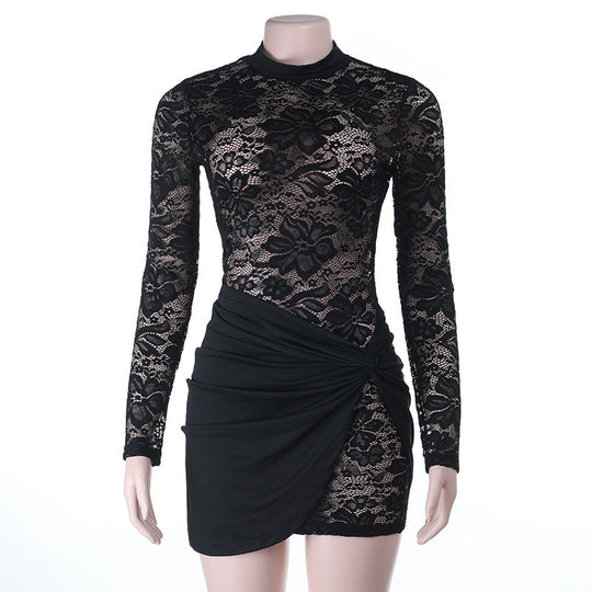 Damen figurbetontes Minikleid mit Spitzenärmel und avantgardistischem Wickeldesign